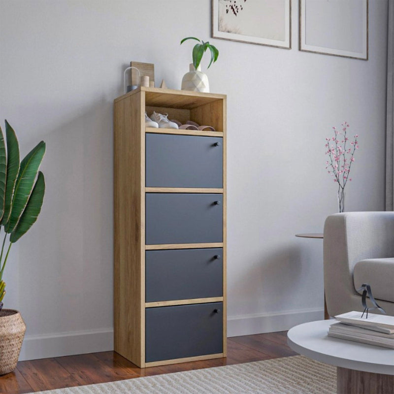 Scarpiera Salvaspazio 4 Ante 42x33x118h cm in Melaminico Venato a Rilievo Rovere e Nero