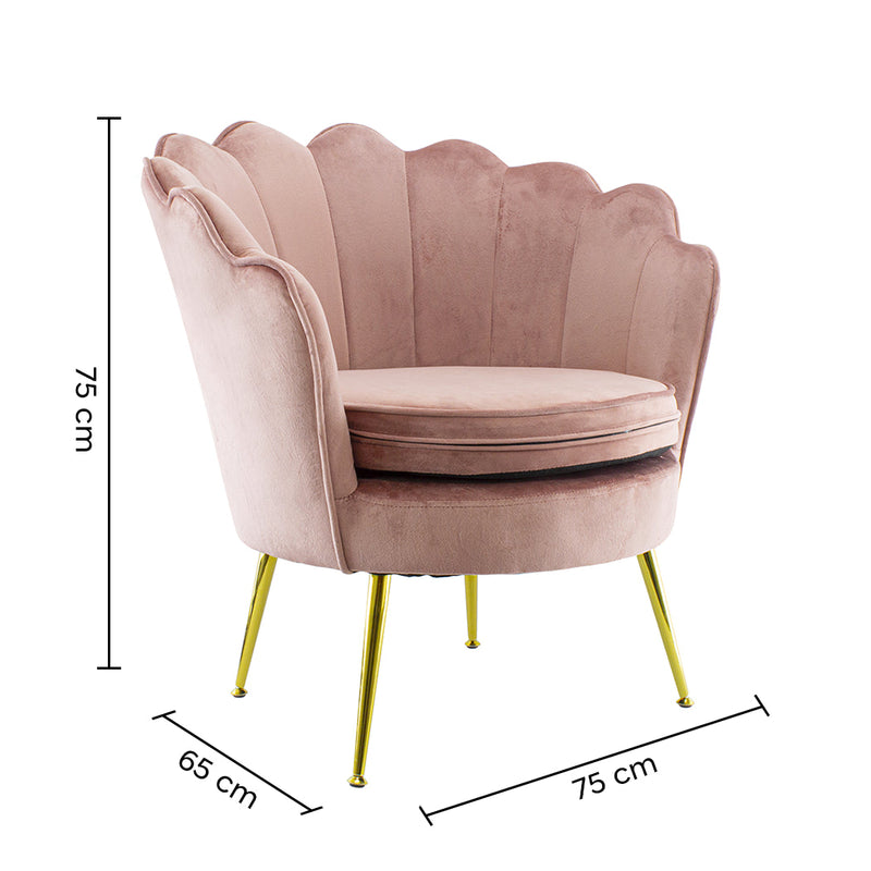 Poltrona Imbottita Schienale a Conchiglia in Velluto Piedi Oro Rosa antico