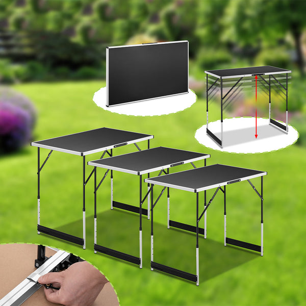 sconto Set 3 Pezzi Tavolo Pieghevole Nero Multifunzione per Esterni Campeggio Pic Nic