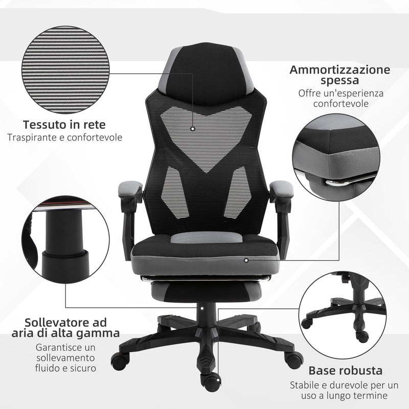 Sedia da Gaming Ergonomica con Schienale Reclinabile e Poggiapiedi Retrattile in Tessuto Grigio   