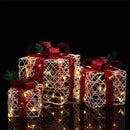 Set 3 Pacchi Regalo Natalizi Luminosi 25-20-15 cm con 48 LED Bianco Caldo in Rattan Bianco con Fiocco Rosso      