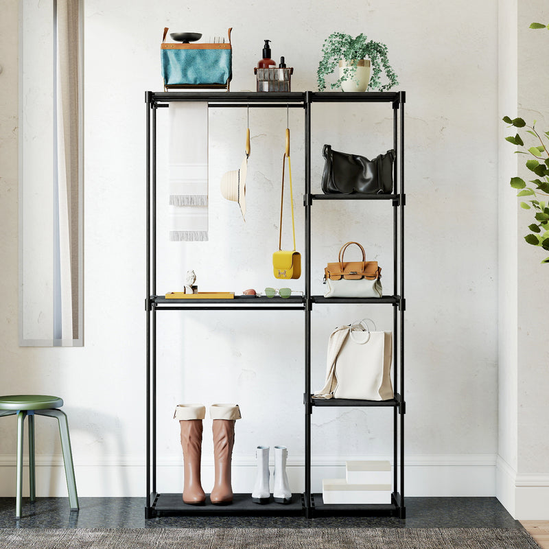 Armadio Guardaroba Portatile con 2 Aste e 6 Ripiani 111x43x185 cm in Tessuto Plastica e Acciaio Nero      