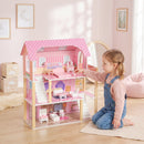 Casa delle Bambole per Bambini 3-6 Anni 59x23,6x69,5 cm a 3 Piani con 10 Mobili e 6 Stanze in MDF e Legno di Pino Rosa      