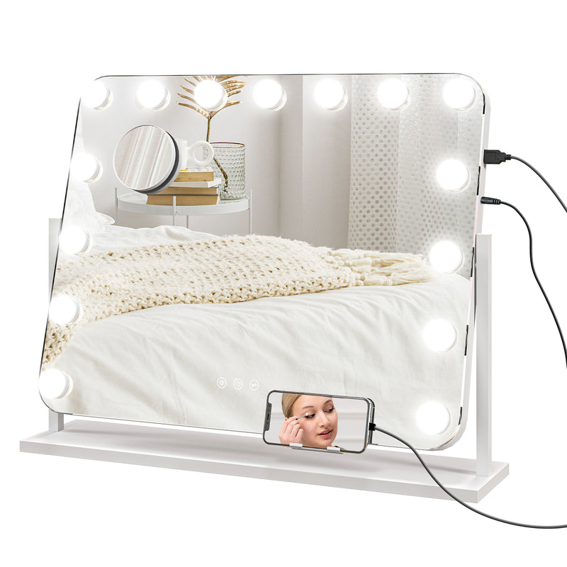 Specchio da Tavolo in Vetro con 14 Luci LED Regolabili e Ricarica USB 62,5x14x49,5 cm  per Trucco Make up Bianco  