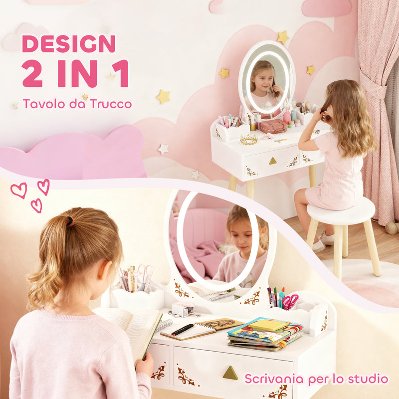Set Toeletta per Bambine da 3 Anni con Specchio Illuminato e Sgabello 2 Cassetti e 2 Scatole Bianco      