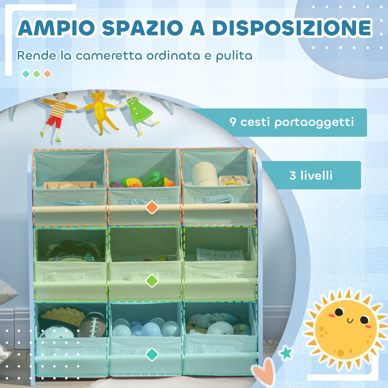 Mobiletto Portagiochi 63x30x60cm con 9 Cestini Rimovibili in MDF e Tessuto Azzurro  