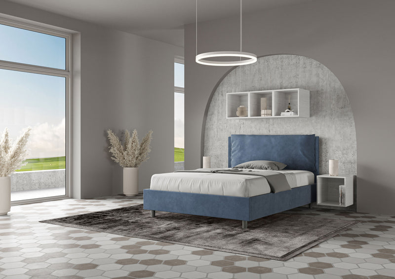 Letto Matrimoniale Francese Imbottito in Microfibra Antea Large Blu Varie Misure