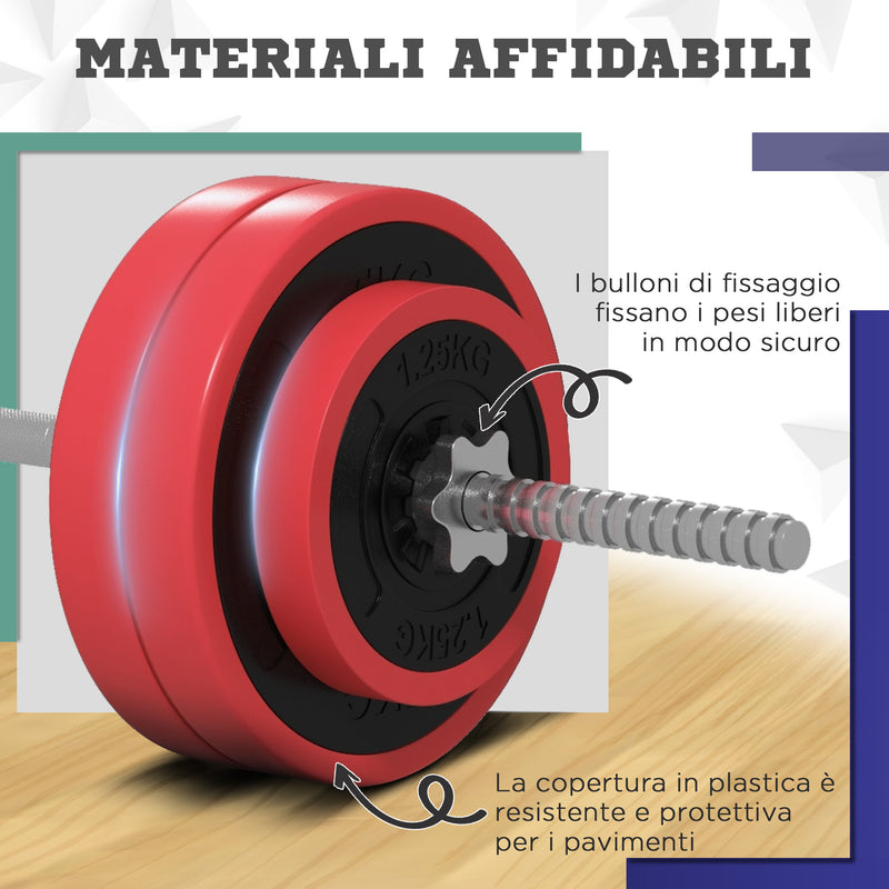 Set Bilanciere e Dischi da 30Kg Totali con 6 Pesi e 2 Dadi in Acciaio Rosso    