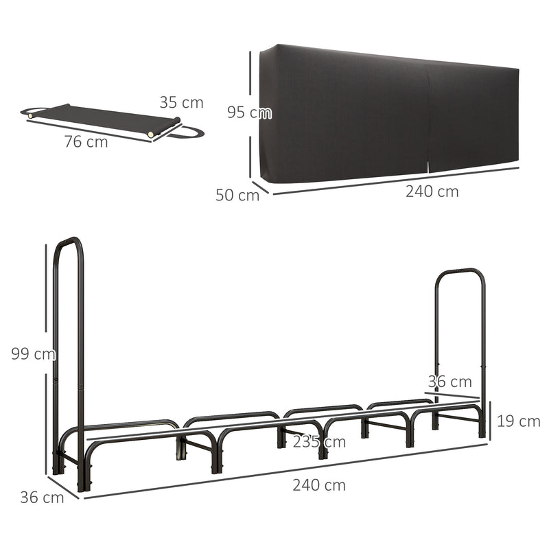 Portalegna per Camino da Interno ed Esterno con Telo Porta Legna e Copertura 240x36x99 cm in Metallo Nero 