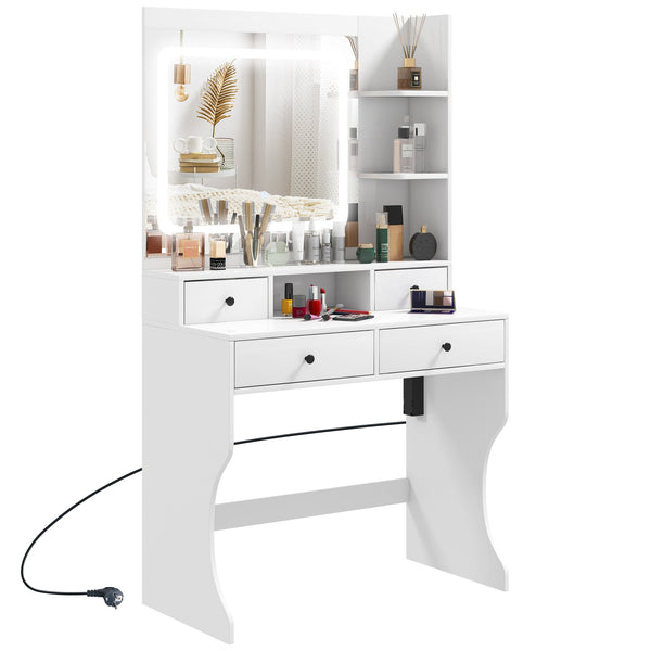 Consolle Trucco con Luci LED 3 Tonalità Specchio e Prese USB 90x45x160 cm Bianco online