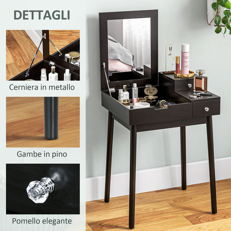 Tavolo da Trucco 2 in 1 60x50x85,5 cm con Specchio Ribaltabile e 2 Cassetti Nero   