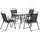 Set aus Tisch und 4 klappbaren Gartenstühlen aus Metall und schwarzem gehärtetem Glas