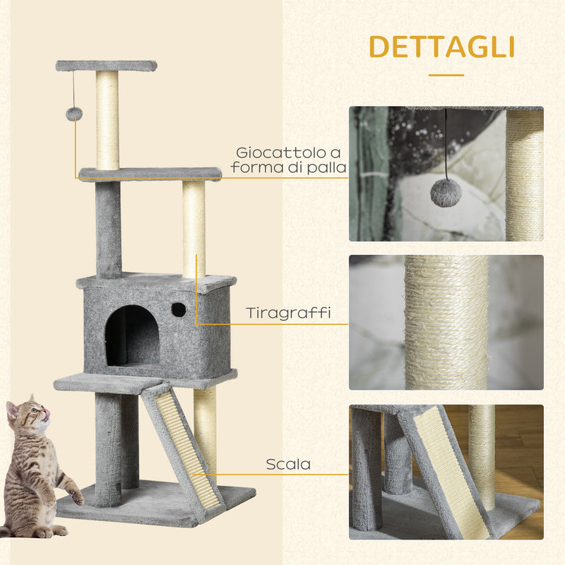 Albero Tiragraffi Multilivello con Casetta 48x48x125 cm Rivestimento in Peluche e Sisal Grigio   