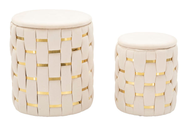 Puff con Contenitore Shanty Crema Set 2 Pz Ø37x42 cm - Ø28x35 cm in Ferro e MDF e Spugna e Poliestere Crema e Oro acquista