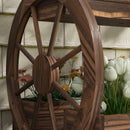 Fioriera da Esterno a 2 Livelli con 3 Vasi e Ruote di Carro Stile Country 64x54x60 cm in Legno Carbonizzato