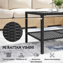 Tavolino da Caffè a 2 livelli  92x50x45 cm con Piano in Vetro Temperato e Ripiano in Acciaio e Rattan Nero      