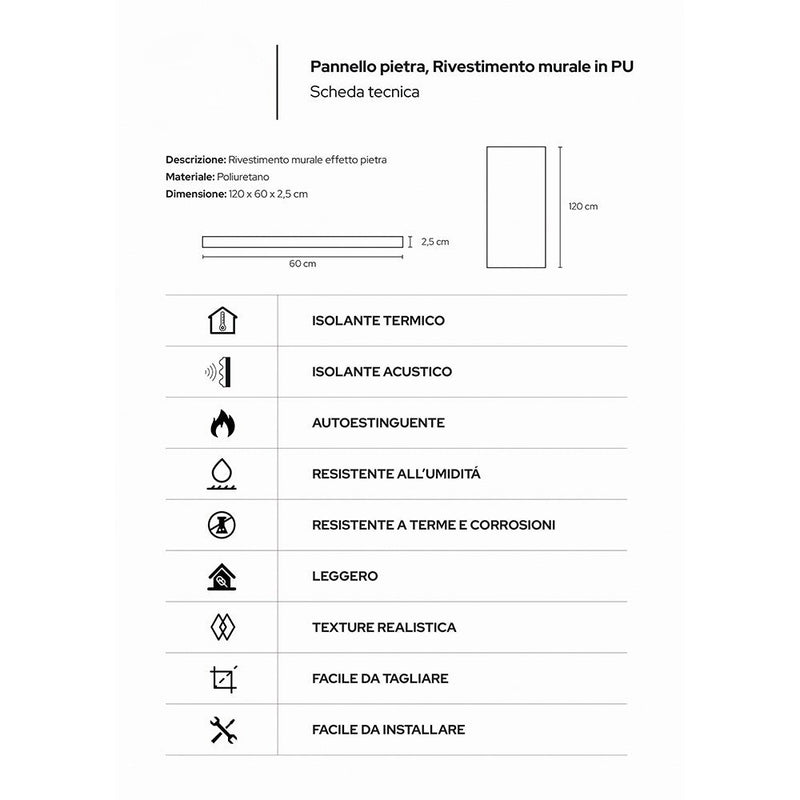Set 12 Pannelli Decorativi Area 8,6 mq 120x60x2,5 cm Rivestimento Murale Effetto Mattoni in Pietra 3D in PU Grigio Ardesia