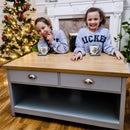 Tavolino 2 Cassetti 1 Ripiano 99x55x50,5 cm in MDF Grigio e Legno