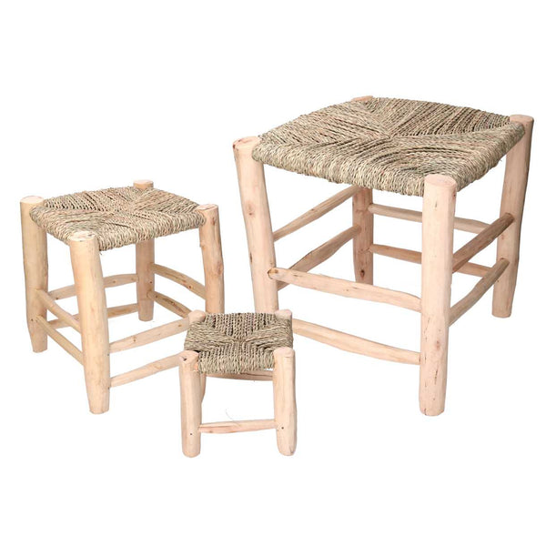 online Set 3 Sgabelli in Legno con Seduta Impagliata Naturale