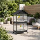Gabbia per Uccelli Grande 94x70x158 cm con Ruote Vassoio Estraibile Posatoi Tetto in Acciaio e Legno Nero      