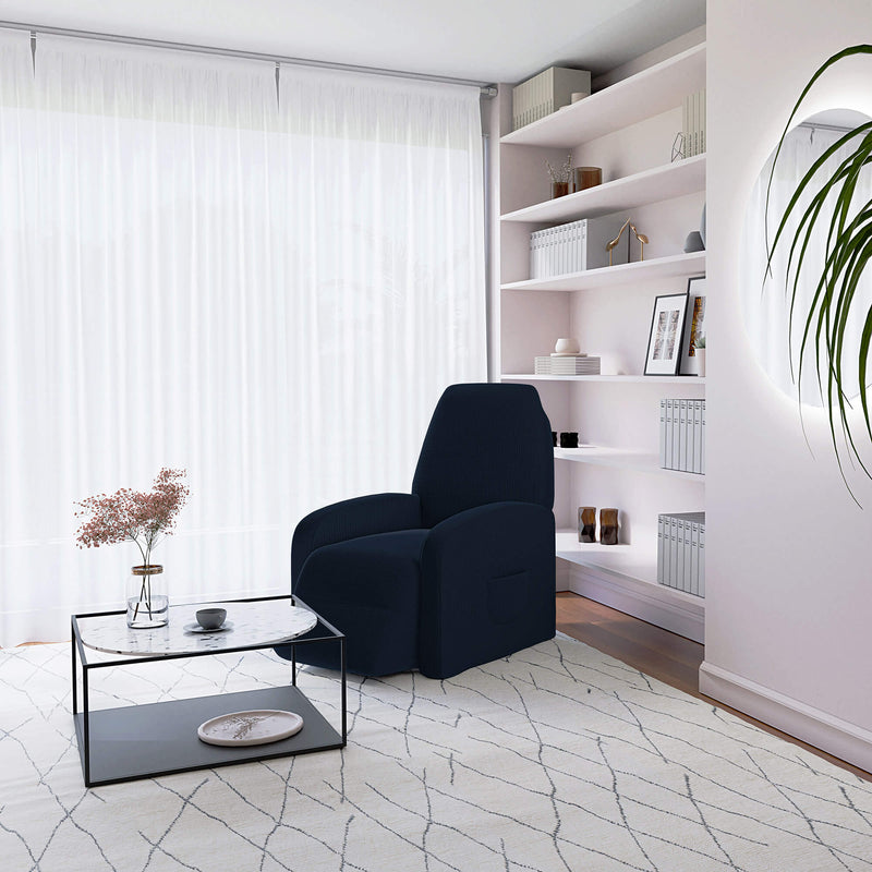 Copripoltrona Reclinabile Elasticizzato Taglia Unica con Tasca Laterale Blu Scuro