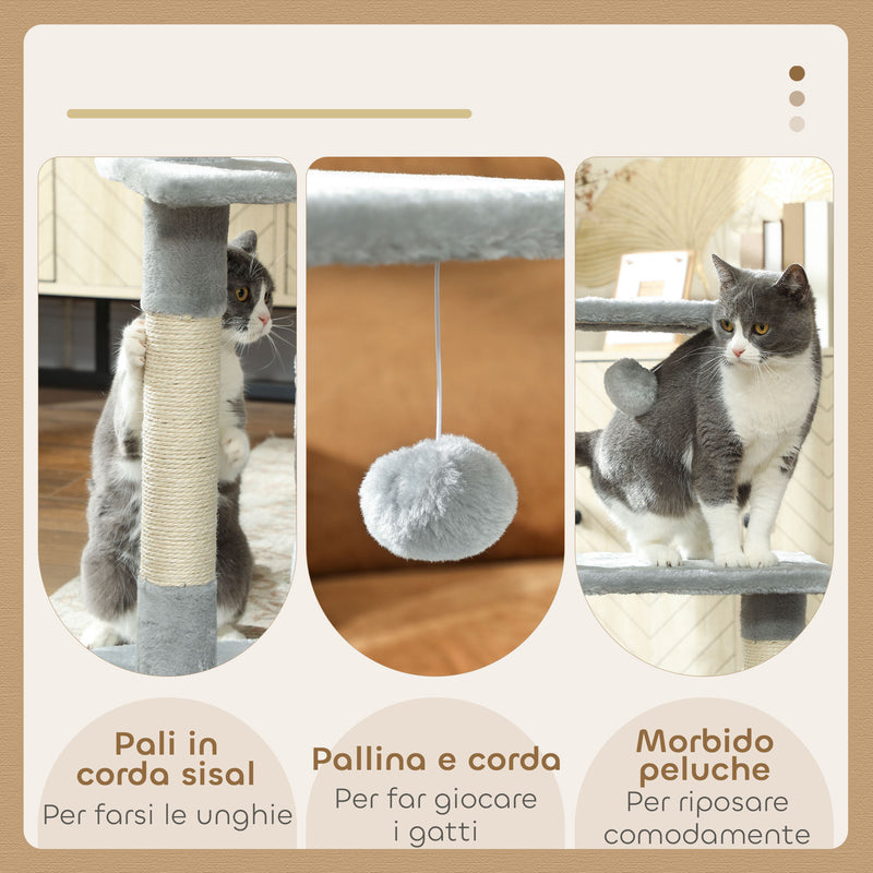 Albero Tiragraffi con Casetta e Piattaforme in Peluche 50x30x81,5 cm Pali in Sisal Grigio   