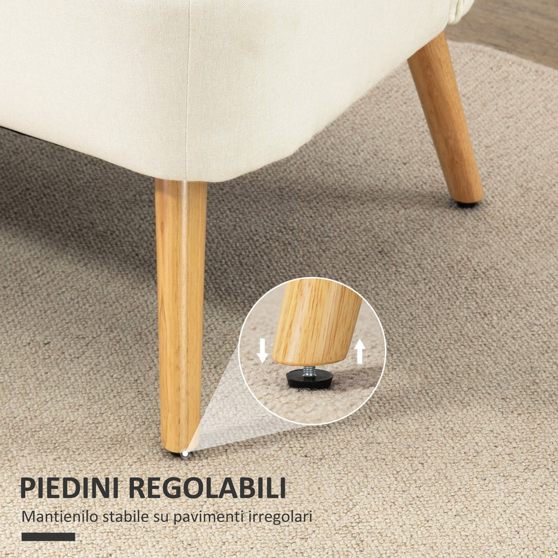Divano 2 Posti Design Moderno 117x56.5x77 cm Tessuto Effetto Lino e Legno di Caucciù Crema   