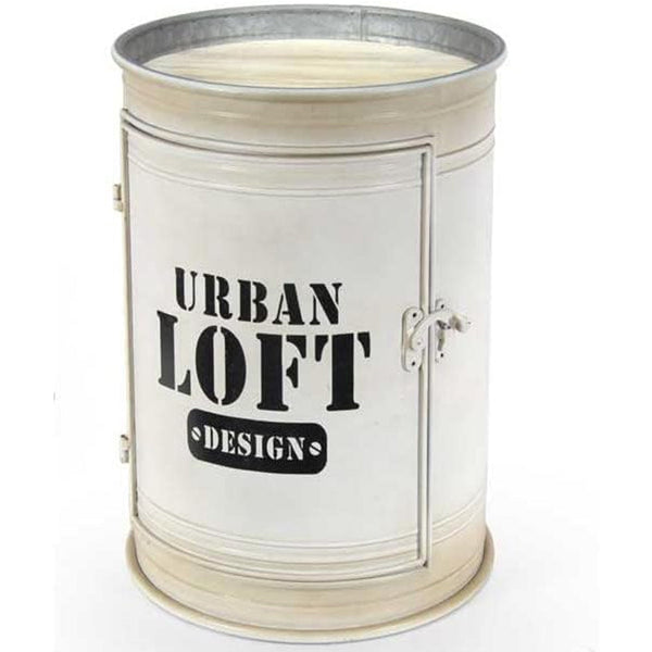 Tavolino Contenitore Bidone Tondo Struttura in Metallo Bianco e Ripiani in Legno sconto