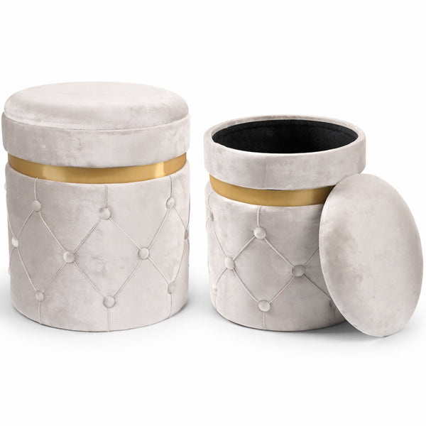 Pouf Contenitore Ø37x40 cm Sgabello Poggiapiedi in Velluto Avorio online