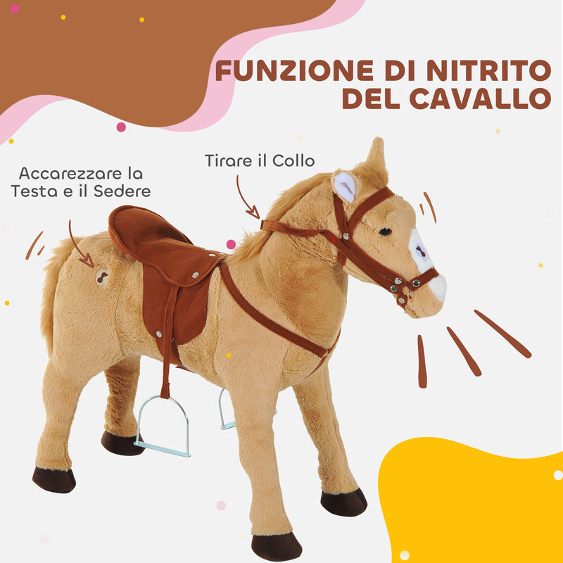 Cavallo Giocattolo con Suoni Realistici Sella Briglie e Poggiapiedi 85x28x60 cm in Poliestere Beige      