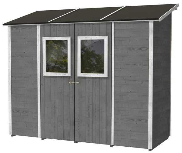 sconto Gartenbox aus Holz für Werkzeuge 245 x 102 x 224 cm mit 2 Türen und Fenstern Ecla Grey