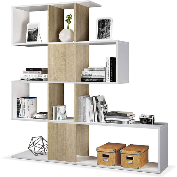 online Regal Bücherregal 4 Ebenen 145 x 145 x 29 cm aus weißem Zickzackholz und Eiche