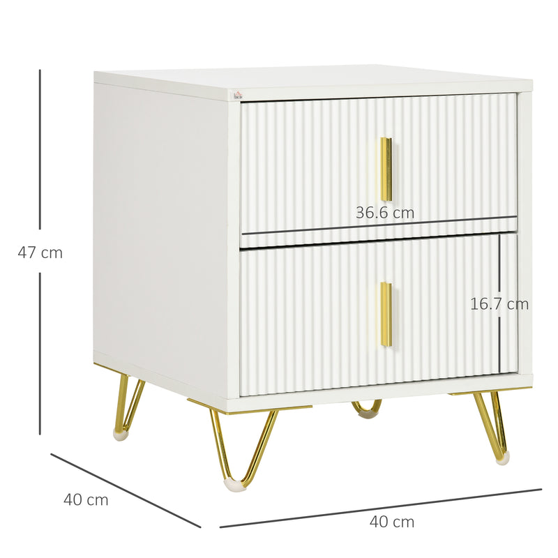 Comodino con 2 Cassetti 40x40x47 cm in Legno con Maniglie e Gambe in Metallo Bianco e Oro      