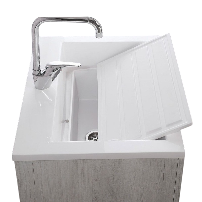 Mobile Lavatoio Sospeso Vasca Zeus in MineralMarmo Apertura a Cassettone 80x48x50 cm Grigio Cemento