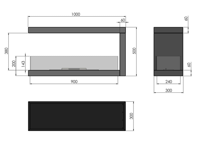 Camino a Bioetanolo Trifacciale da Incasso 100x50 cm Inside U 1000 V1 Nero con Vetro
