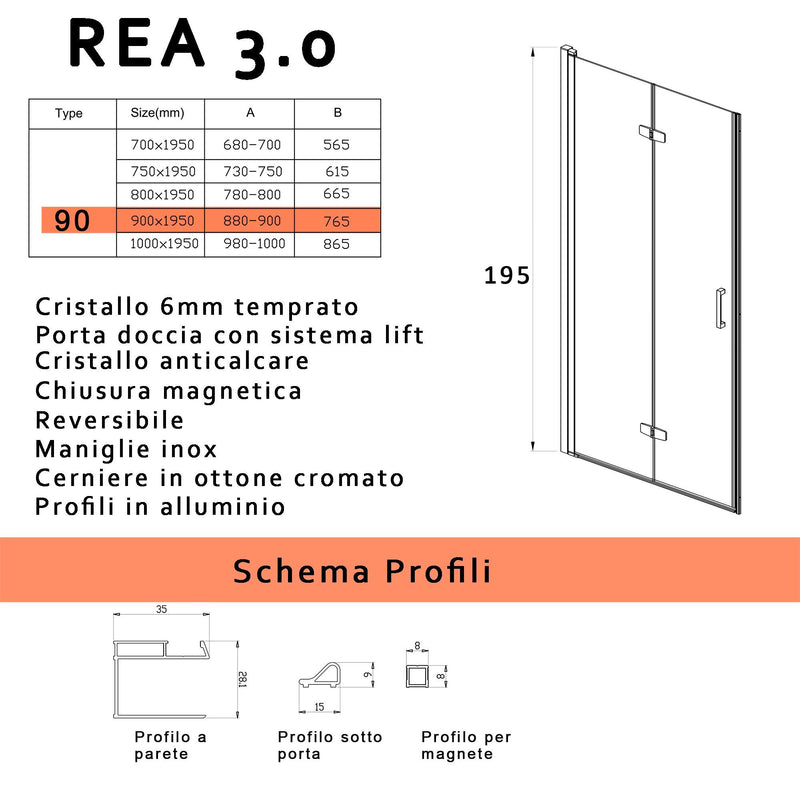 Porta Parete Doccia 1 Anta a Libro in Cristallo Trasparente 6mm H195 Bonussi Fiona Varie Misure