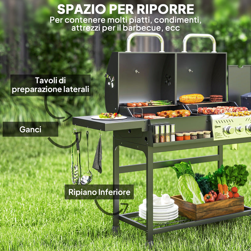 Barbecue a Carbone e Gas con 3 Bruciatori e Coperchio Termometro e Ruote Nero   