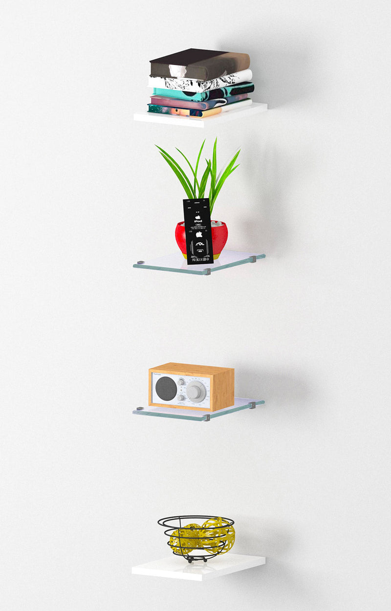 Set 4 Mensole 2 in Vetro e 2 in Melaminico 20x1,6/0,5x27 cm Maruska Bianco Lucido