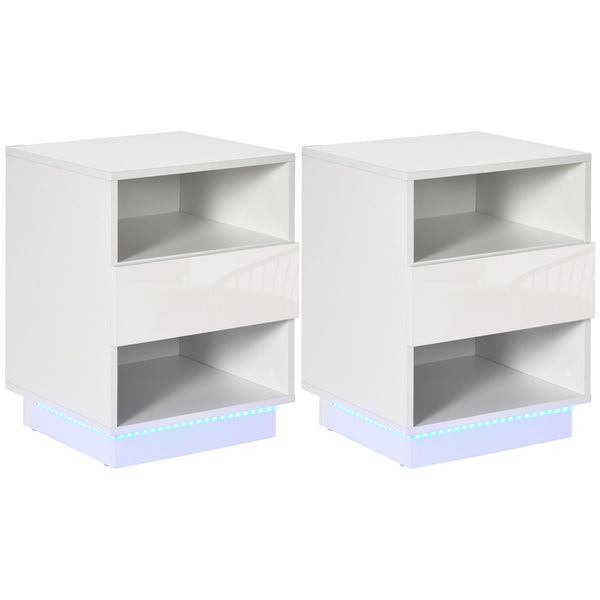 acquista Set 2 Comodini con LED 40x40x55 cm 2 Ripiani 1 Cassetto in Truciolato Bianco