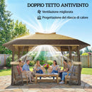 Gazebo Pieghevole 400x400x287 cm con 4 Zanzariere Laterali Doppio Tetto e Sacchi di Sabbia Cachi e Marrone      
