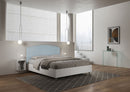 Letto Matrimoniale con Rete e Contenitore Alzata Comoda Struttura Bianco Frassico e Testata in Microfibra Antilia Azzurro Varie Misure