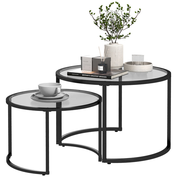 Set 2 Tavolini Sovrapponibili Ø70x47,5 cm e Ø54 x 42,5 cm in Vetro e Acciaio Nero acquista