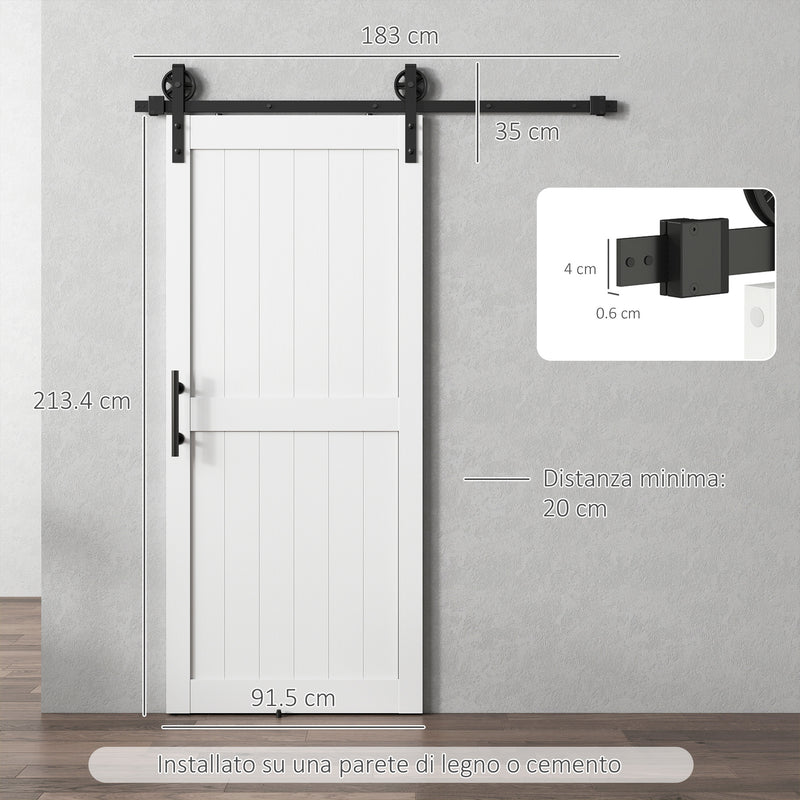 Porta Scorrevole in Stile Country con Binario 91,5x 213,4A cm in Legno e Acciaio Bianco e Nero   