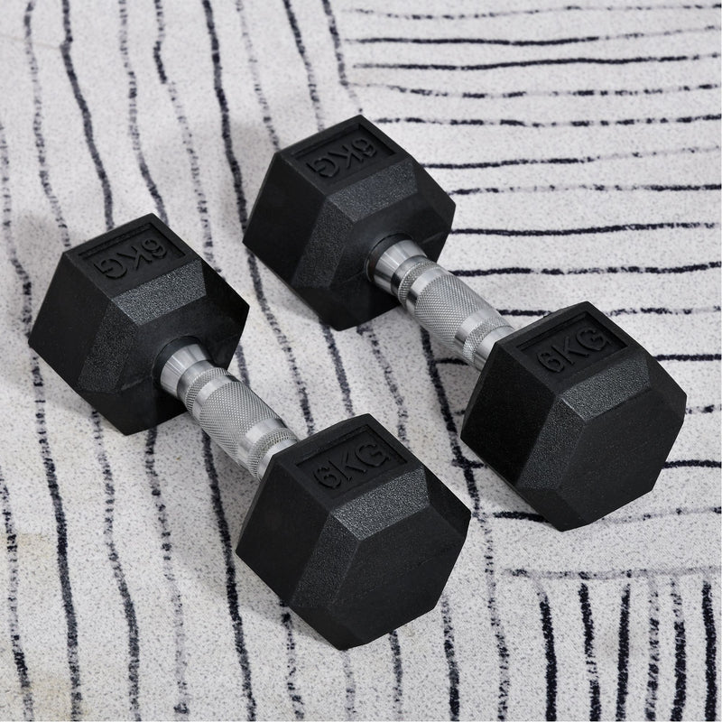 Set di 2 Manubri Esagonali da 6 kg con Presa Antiscivolo e Rivestimento in Gomma Nero   
