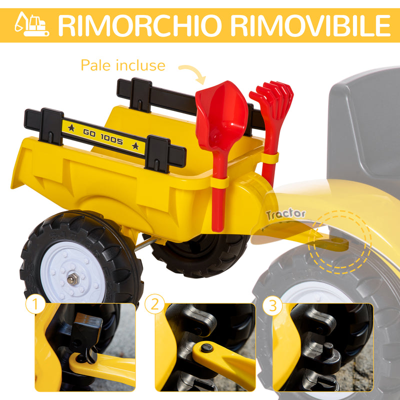 Trattore Ruspa a Pedali per Bambini 163x42x71 cm con Rimorchio Giallo