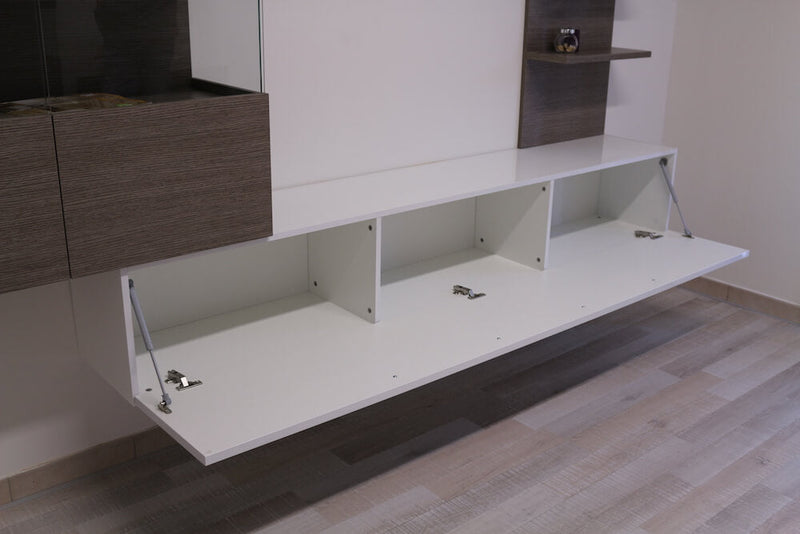 Parete Attrezzata Mobili Salotto Mobile TV e Doppia Mensola 210x36x200cm TFT  Primo Bianco Lucido