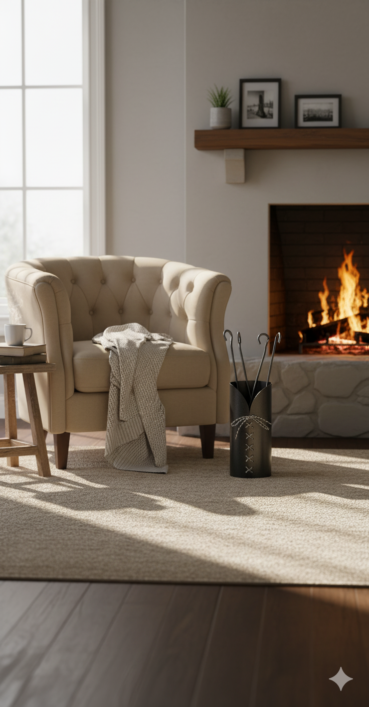 Trespolo per Attrezzi Camino Cilindrico Laccio con Paletta Scopino Attizzino e Pinza Ø15,2x62 cm in Ferro Verniciato Grigio Martellato