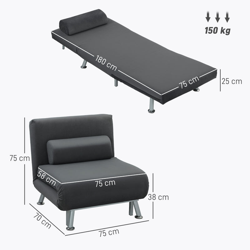 Poltrona Letto Singolo 3 in 1 75x70x75 cm in Tessuto Effetto Lino Grigio Scuro   