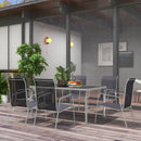 Set Tavolo con Top in Vetro 6 Sedie Impilabili da Giardino in Acciaio e Textilene Nero