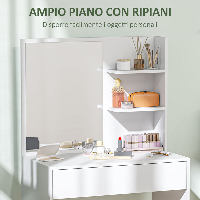 Consolle Trucco con Specchio 75x40x137 cm Ripiani e Cassetto in Legno e Vetro Bianco  
